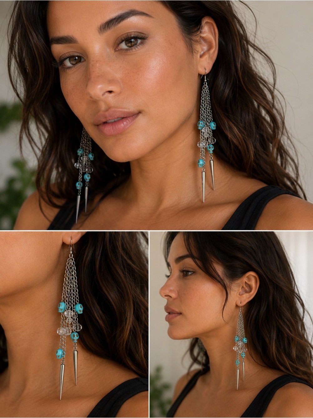 Turquoise Bead, Skull, Silver Chain Drop Earrings: Dia De Los Muertos
